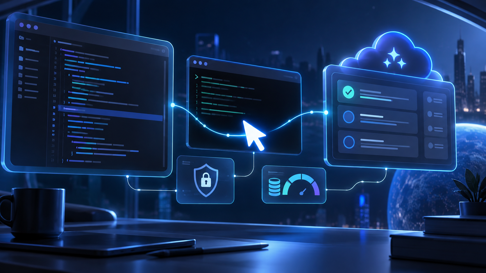 Conceptual AI coding workspace connecting a code editor, terminal, cloud agent board, privacy shield and usage gauge