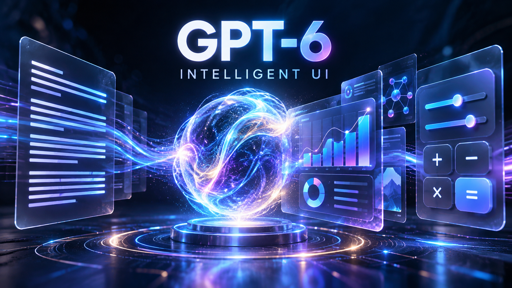 Conceptual illustration of GPT-6 transforming text responses into interactive charts, diagrams and tools.